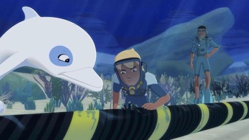 Abgeschnitten | Rechte: © Media Valley/ Marzipan Films - 2024 Zoom und Yann untersuchen unter Wasser am Meeresgrund das Kabel für die Internetverbindung zu ihrer Insel. Es ist beschädigt.