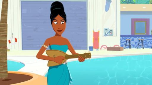 Das Spiel der Ukulele | Rechte: © Media Valley/ Marzipan Films - 2024 Tapuna steht mit einer Ukulele in den Händen neben einem Pool, in dem Zoom schwimmt. Zoom lauscht Tapunas Spiel.