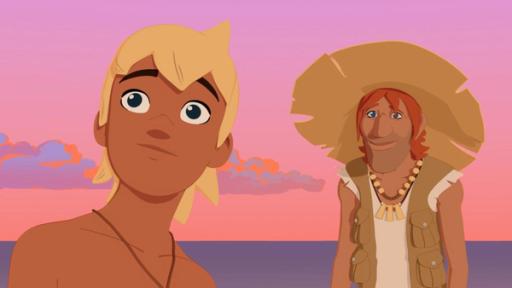 Der gestohlene Tiki | Rechte: ZDF Yann (links) und Jack (rechts) stehen am Meer. Der Himmel ist rot gefärbt.