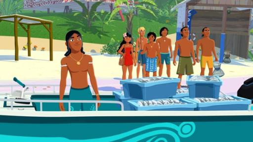 Der Inselfluch | Rechte: © Media Valley/ Marzipan Films - 2024 Auru steht in seinem Boot mit einer Menge gefangener Fische in Kisten. Am Strand sind einige Dorfbewohner, die seinen Fang begutachten.