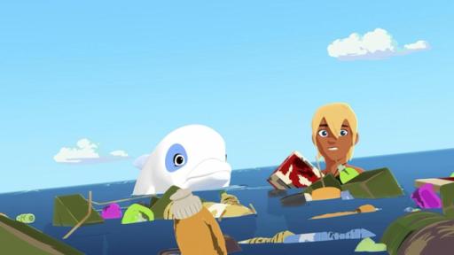 Der Müllsauger | Rechte: © Media Valley/ Marzipan Films - 2024 Zoom und Yann schwimmen im Meer und schauen verwundert auf den ganzen Müll um sie herum.