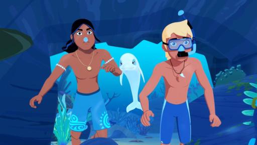 Der Tiki der Zwietracht | Rechte: ZDF Auru und Yann tauchen in einer Höhle, Zoom schwimmt hinter ihnen. Sie schauen etwas vor ihnen an.