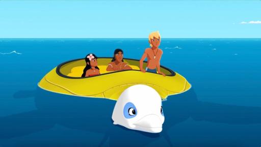 Timeti, Auru und Yann sitzen in einem gelben U-Boot, das geöffnet an der Meeresoberfläche schwimmt. Vor ihnen schwimmt Zoom durchs Wasser. Alle schauen gespannt nach vorne.