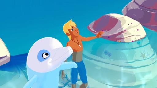 Die Prinzessin des Meeres | Rechte: 2015 Media Valley/Marzipan Films/TF1/Gaumont Animation Yann und Zoom schwimmen im tiefen Becken. Yann hält sich an einem kleinen Felsbrocken im Wasser fest.