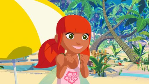Die Prüfungen | Rechte: 2015 Media Valley/Marzipan Films/TF1/Gaumont Animation Marina jubelt am Strand. Hinter hier steht ein Sonnenschirm aufgebaut.