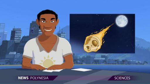 Die Raumkapsel | Rechte: © Media Valley/ Marzipan Films - 2024 Ein Nachrichtensprecher berichtet vom Eintreten der Mond-Raumkapsel in die Erdatmosphäre. Im Hintergrund wird ein Bild vom Mond und der fliegenden Raumkapsel eingeblendet.