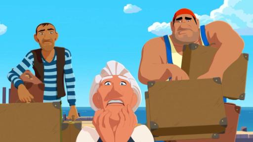Ein böser Geist | Rechte: © Media Valley/ Marzipan Films - 2024 Van Krook steht mit flehender Bewegung seiner Hände am Strand und schaut bittend nach vorne. Schräg hinter ihm stehen auf beiden Seiten Rico und Biff, beladen mit vielen Koffern. Im Hintergrund sind Bootsstege und das Meer zu sehen.
