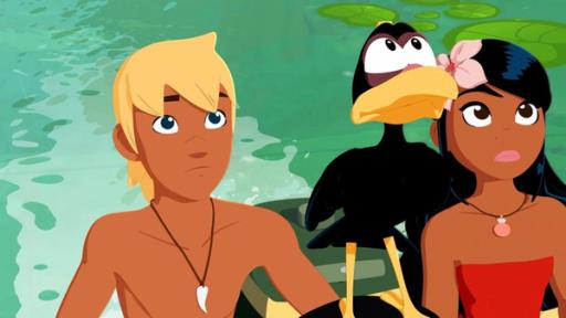 Lustige Vögel | Rechte: © Media Valley/ Marzipan Films - 2024 Yann, der schwarze Vogel John-Sebastian und Timeti sind auf einem Boot unterwegs, das durch ein grünliches Gewässer fährt. Alle drei schauen erstaunt nach oben.