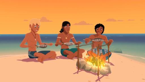 Yann, Auru und Inapo sitzen am Strand im Schneidersitz vor einem Lagerfeuer. Jeder hat einen Stab mit einem gegrillten Fisch in den Händen und schaut hungrig darauf hinunter. Im Hintergrund leuchten das blaue Meer und ein rötlicher Abendhimmel.