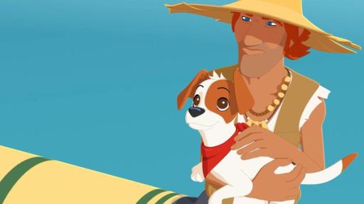 Was ist los mit Jack? | Rechte: © Media Valley/ Marzipan Films - 2024 Jack steht am Wasser und hält seinen Hund Jackpot auf dem Arm. Beide schauen etwas nach oben.