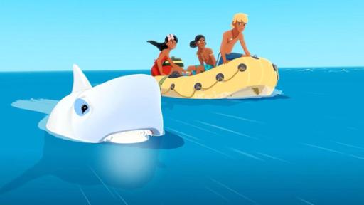 Weiß wie Zoom | Rechte: © Media Valley/ Marzipan Films - 2024 Hai Omaroua schwimmt mit einer weißen Kugel im Maul neben einem Schlauchboot. Im Schlauchboot sitzen Timeti, Auru und Yann. Sie sind schnell unterwegs auf dem Meer und schauen alle entschlossen.